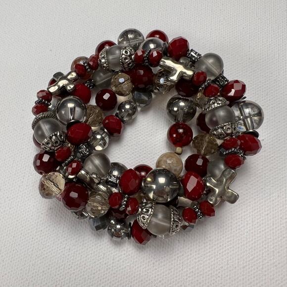 Handmade Beaded Bracelet Set of 5 Deep Red Smoky Gray Silver Tone with Crosses - Picture 2 of 6